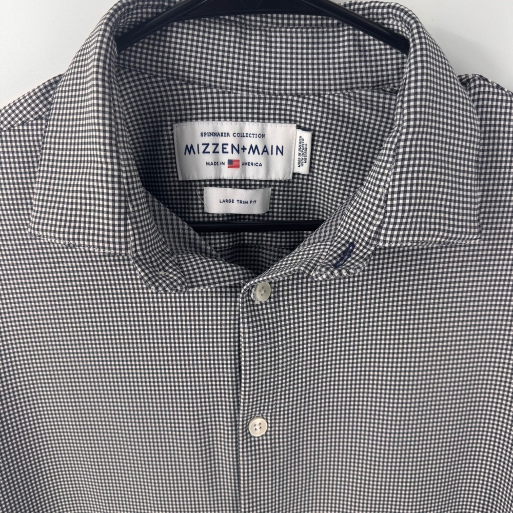Mizzen+Main Spinnaker Navy White Gingham Trim Fit Performance Shirt Mens Large - Picture 7 of 12